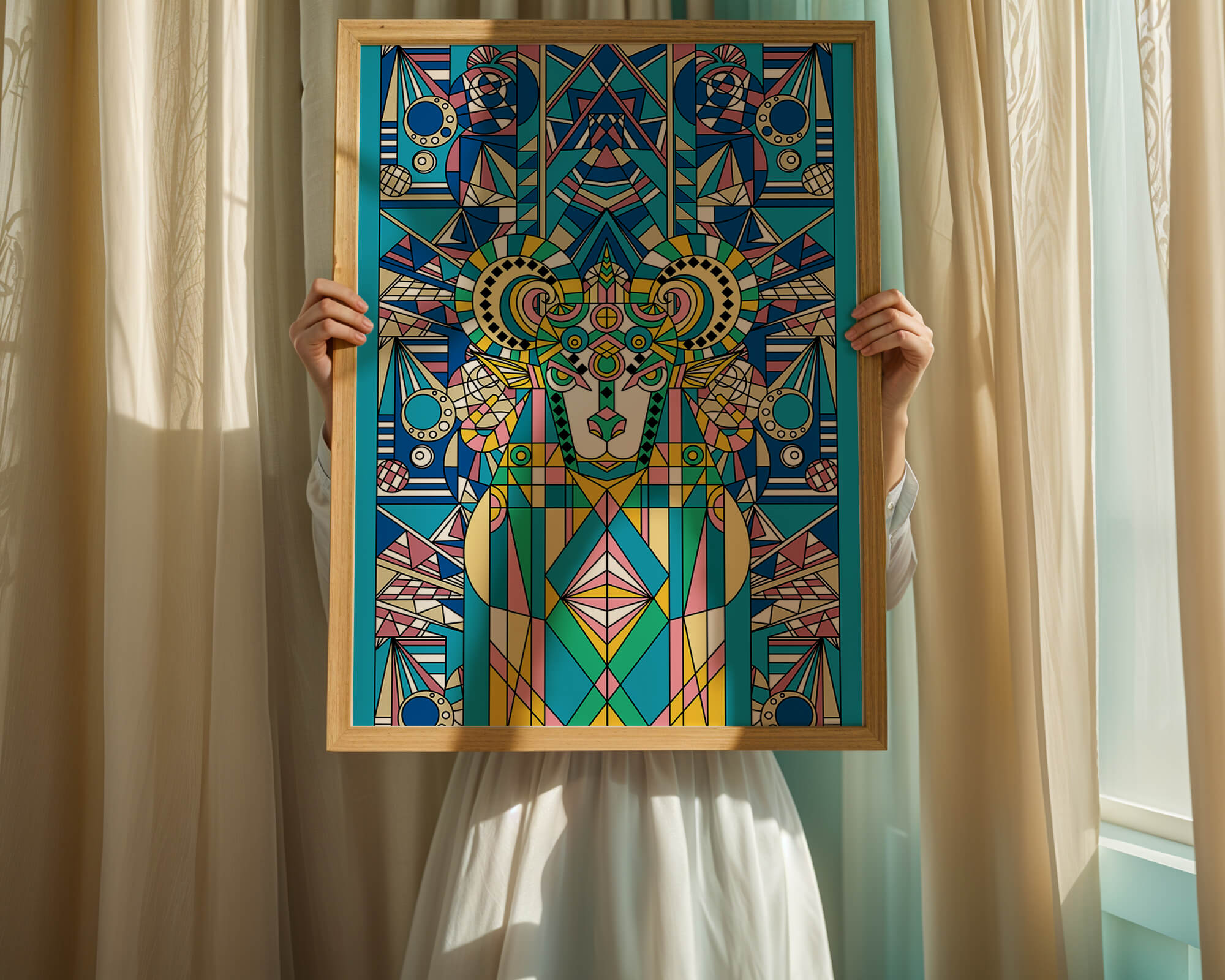 Diseño geométrico colorido de carnero con patrones simétricos