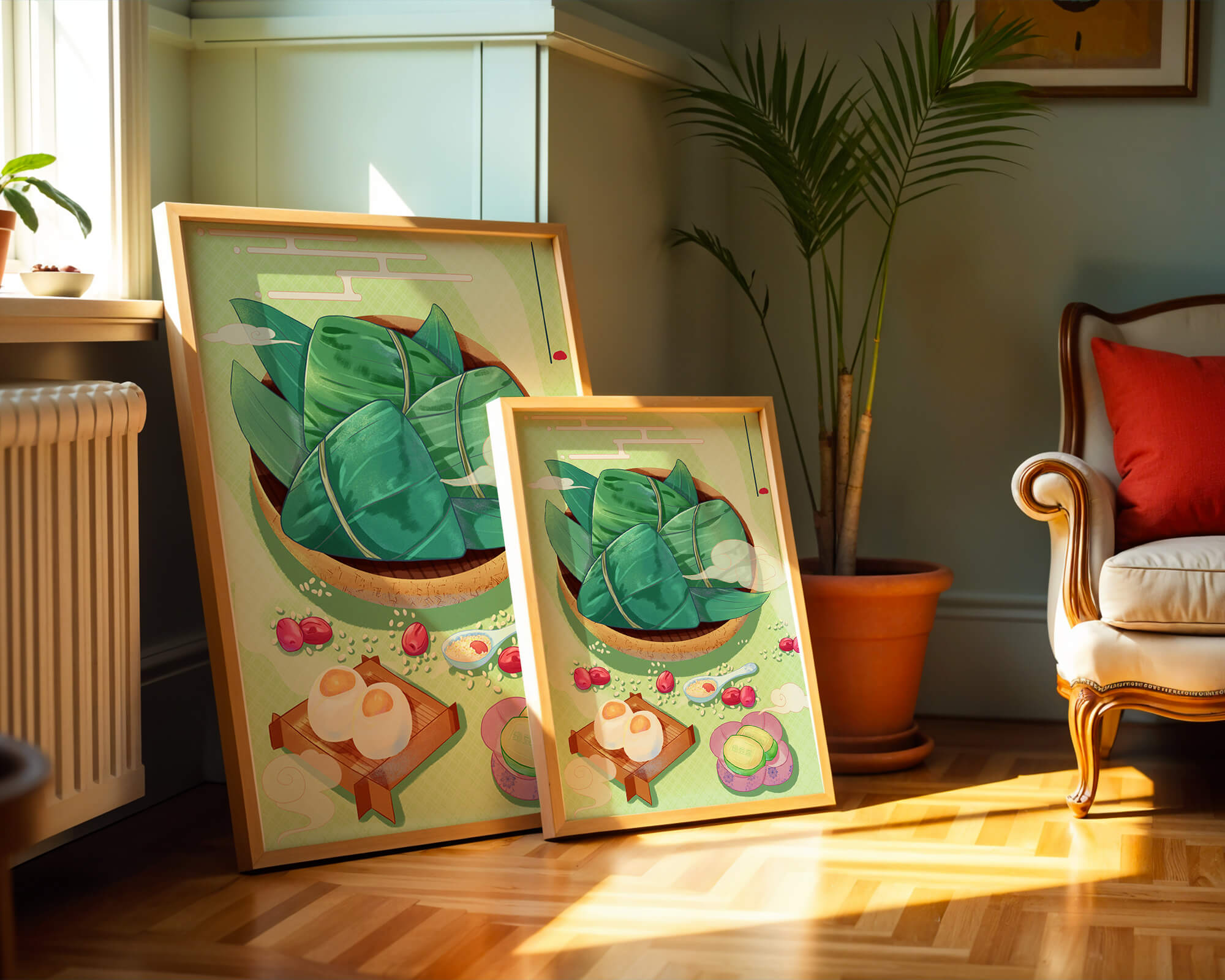 Traditional Asian food illustration with rice dumplings and mooncakes on a green background