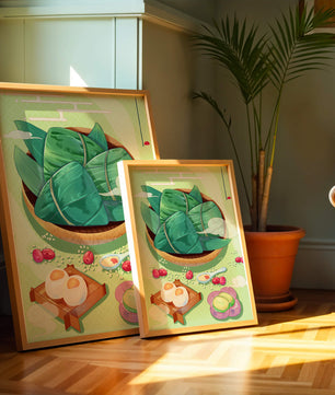 Traditional Asian food illustration with rice dumplings and mooncakes on a green background