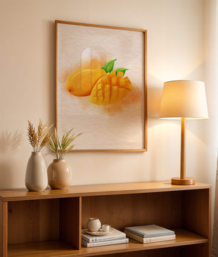 Watercolor depiction of a ripe mango with leaves on textured background