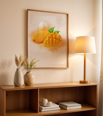 Watercolor depiction of a ripe mango with leaves on textured background