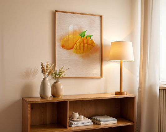 Watercolor depiction of a ripe mango with leaves on textured background