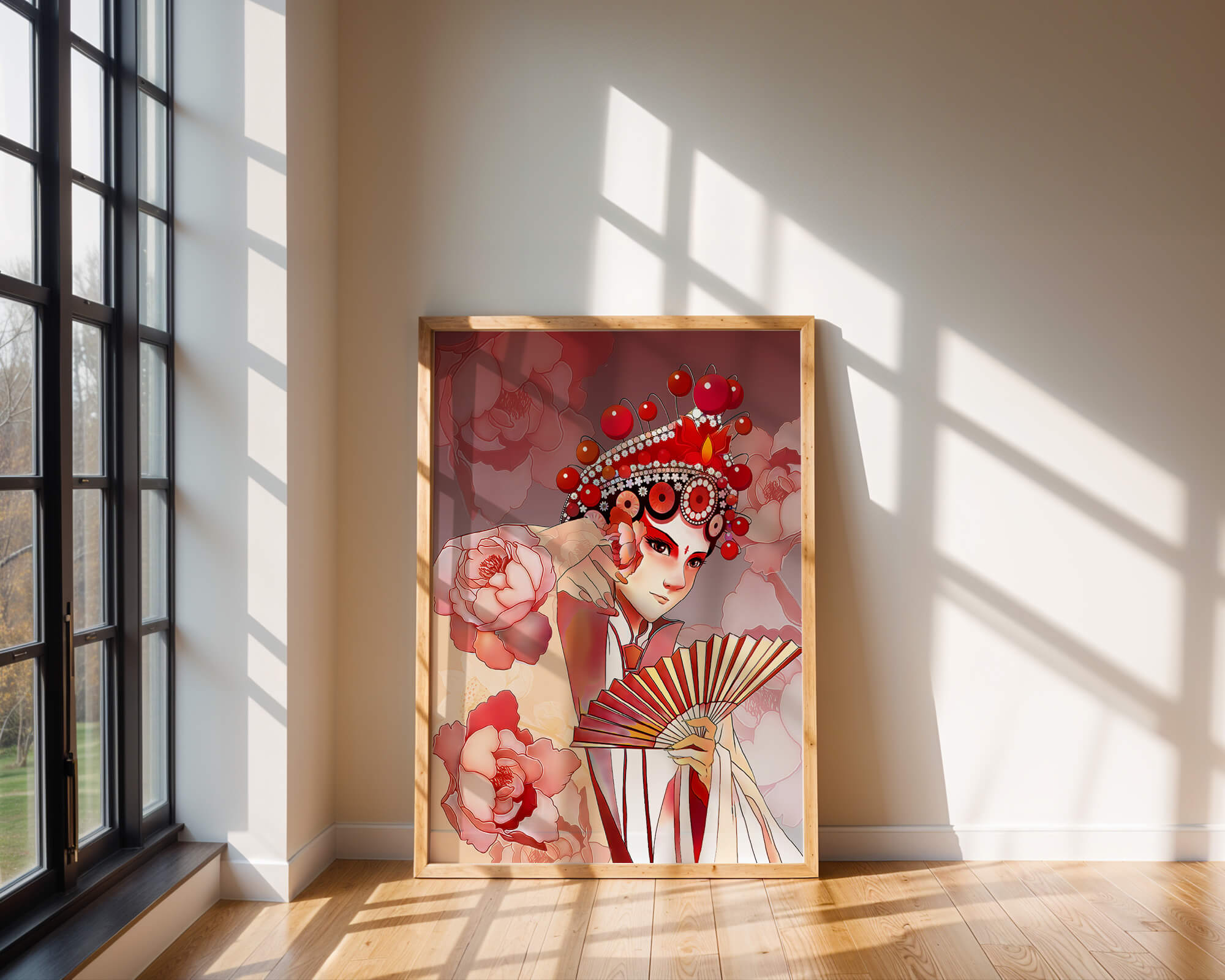 Traditional Asian artwork with floral motifs and ornate headpiece
