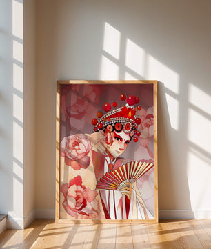 Traditional Asian artwork with floral motifs and ornate headpiece