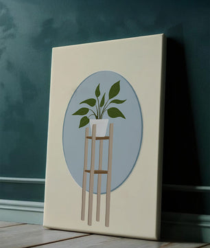 Illustration botanique moderne d'une plante en pot sur un support en bois