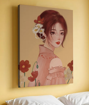 Portrait élégant d'une femme avec des ornements floraux et une expression douce