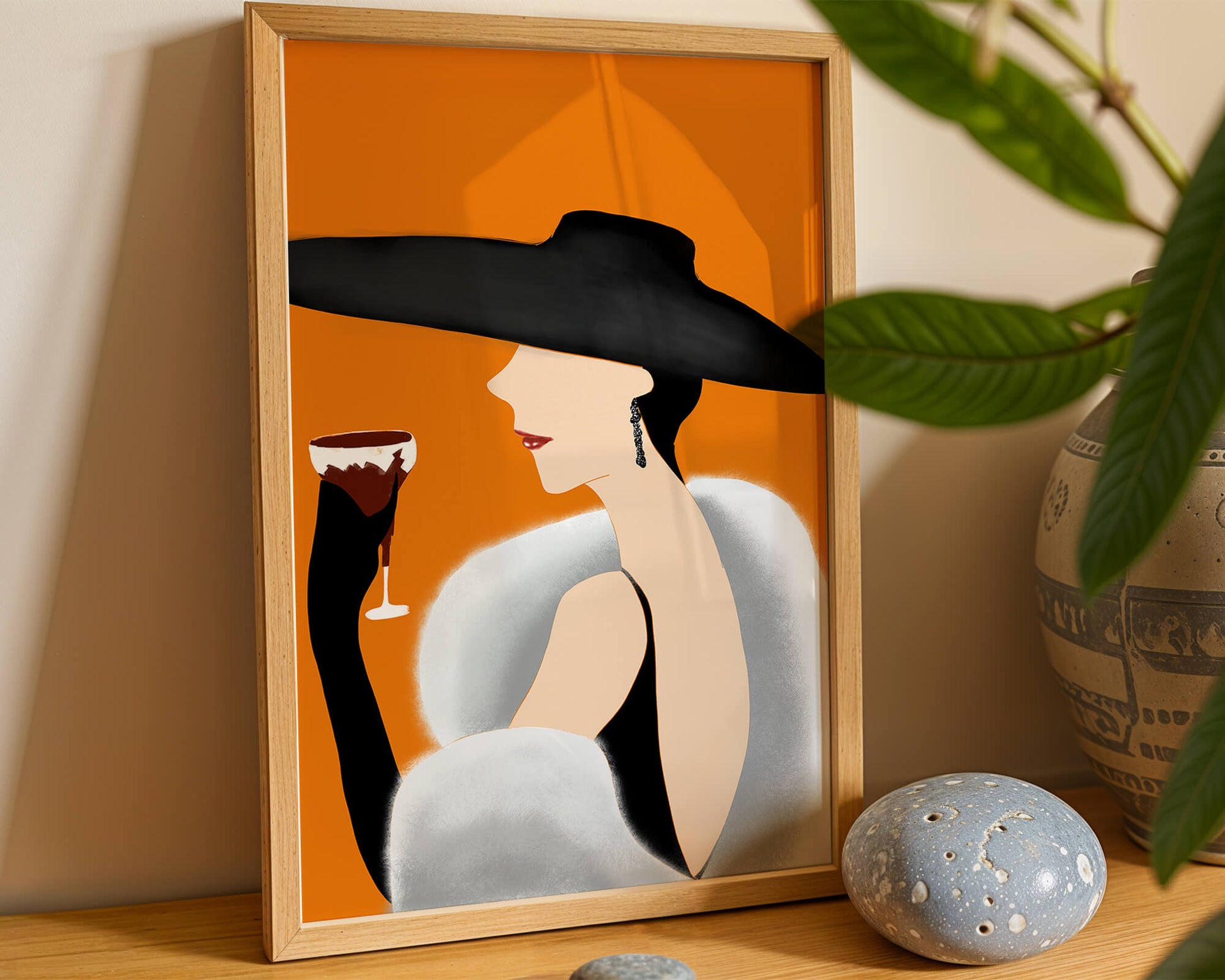 Elegant Woman in Black Hat and White Fur with Wine Glass