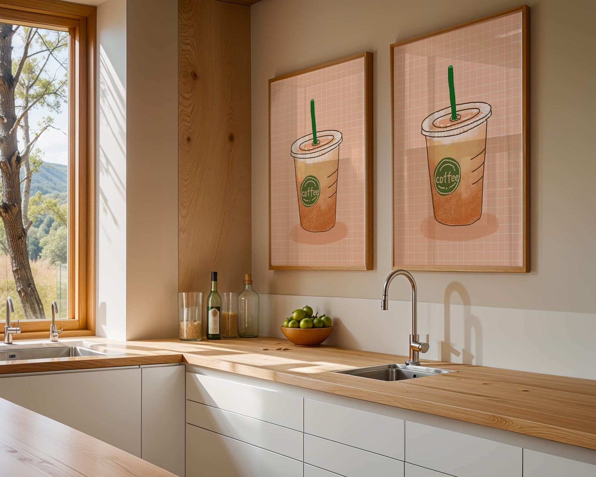 Illustrated iced coffee cup on peach grid background