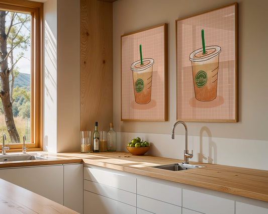 Illustrated iced coffee cup on peach grid background