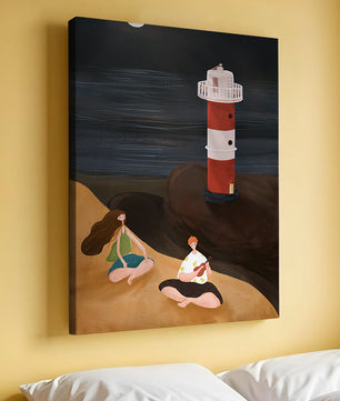 Peaceful Beach Scene with Lighthouse at Night