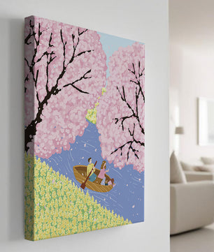 Familienrudern auf dem ruhigen Fluss mit Kirschblüten