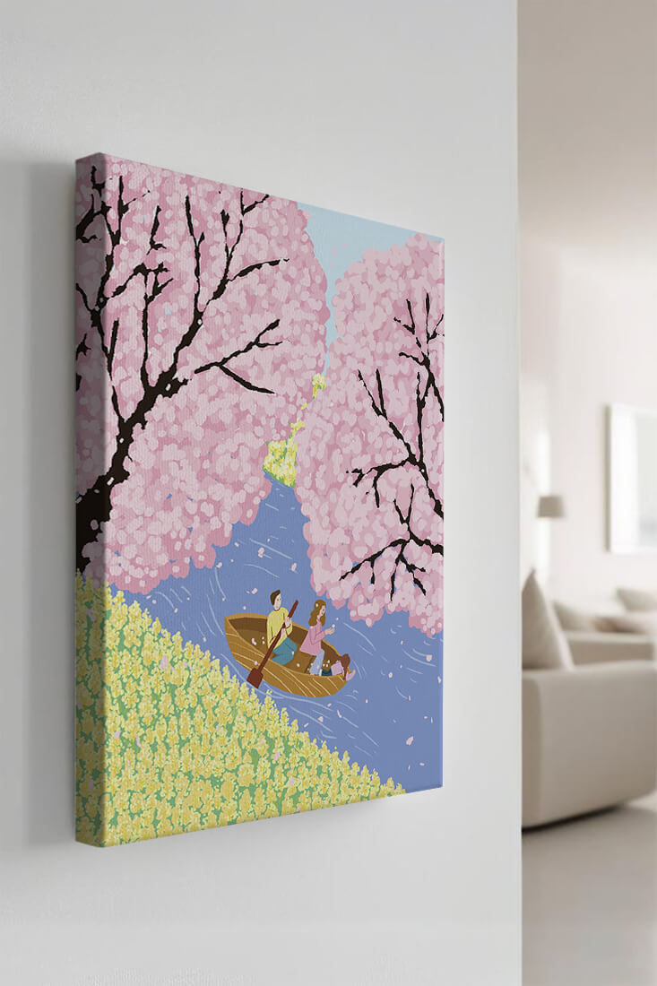 Family Rowing on Serene River with Cherry Blossoms