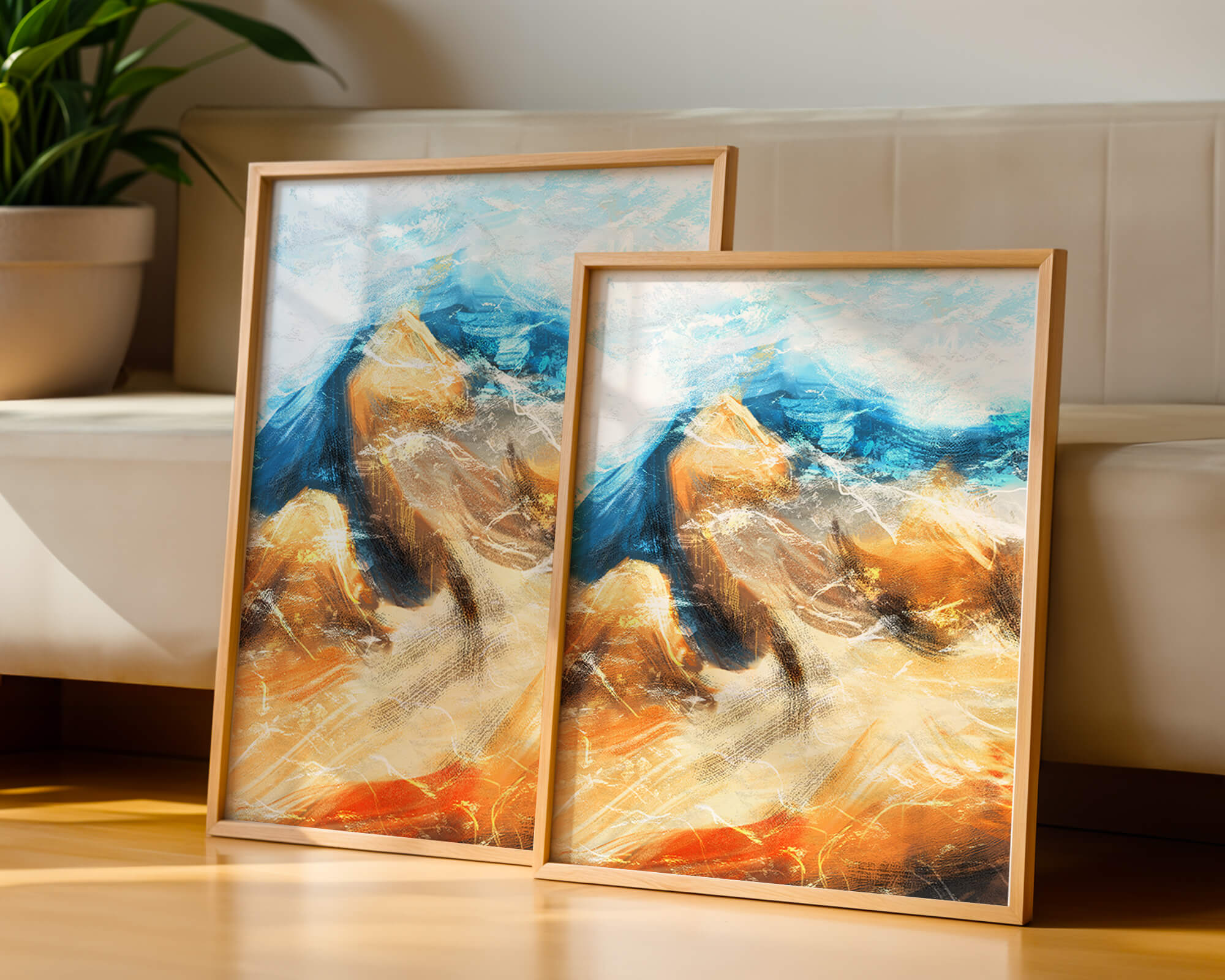 Abstract landscape with blue and golden hues
