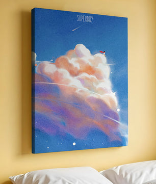 Whimsical illustration of superboy with dreamy cloudscape