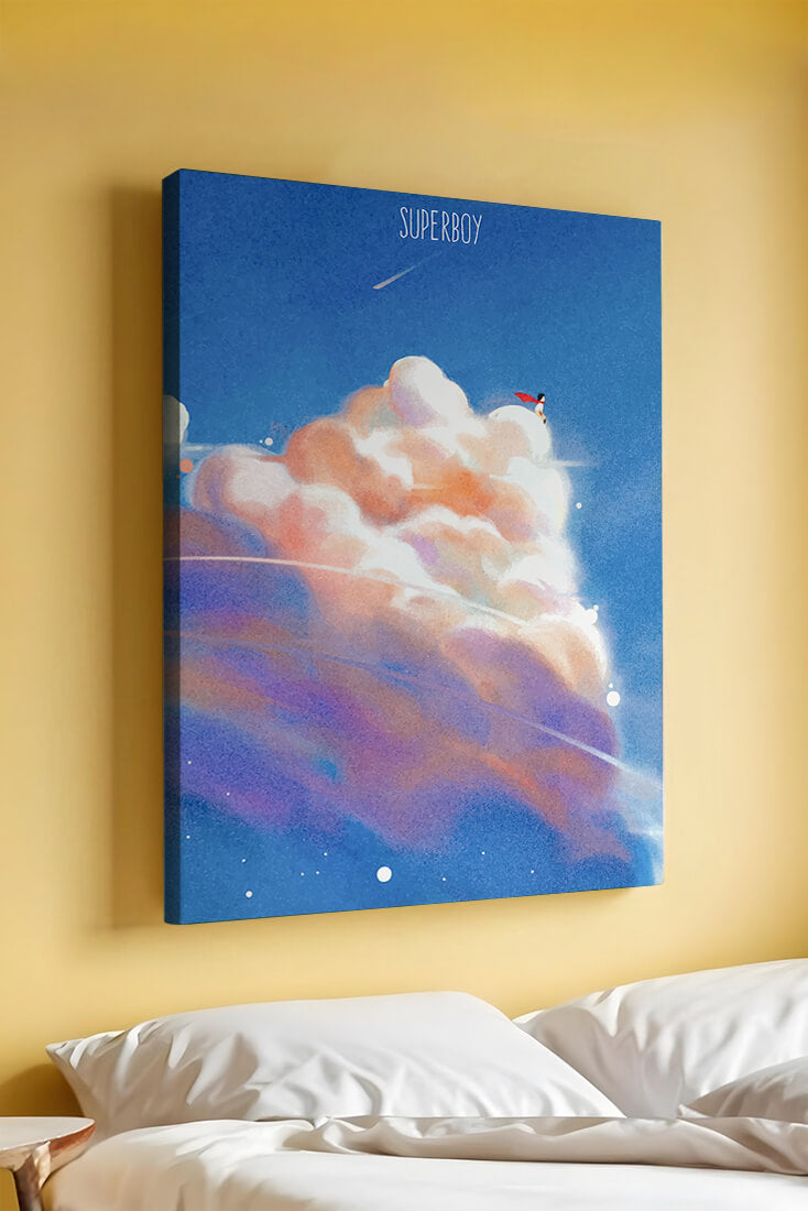 Whimsical illustration of superboy with dreamy cloudscape