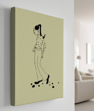 Illustration d'une personne marchant en chemise à pois avec une queue de cheval