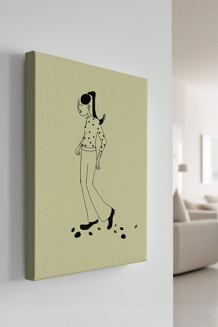 Illustration of a person walking in a polka dot shirt with ponytail