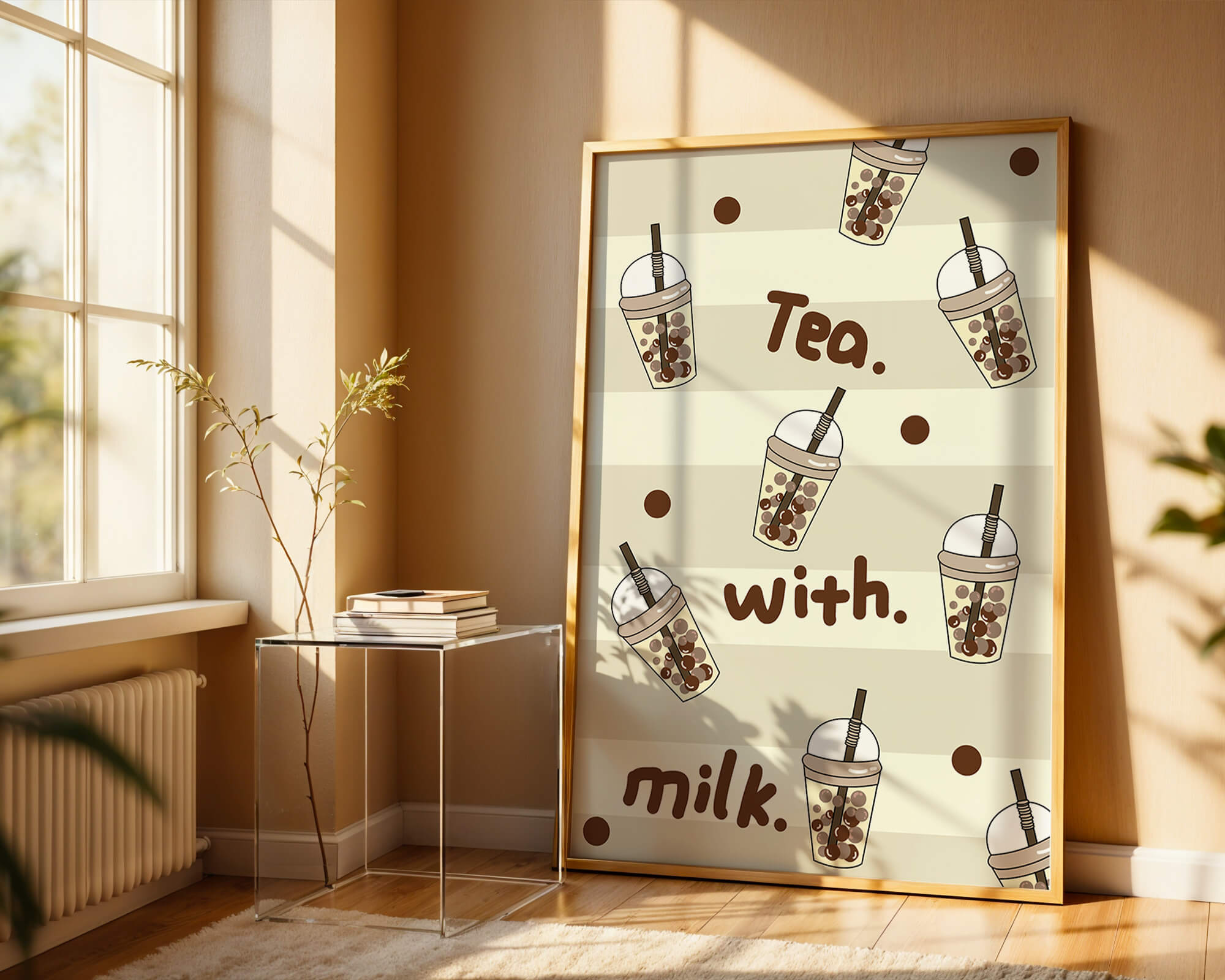 Boba tea pattern with text and bubble illustrations