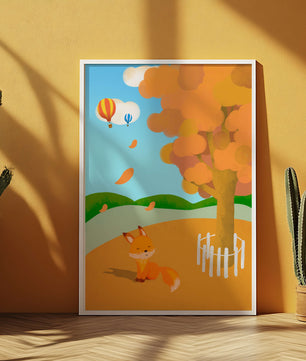 Herbstszene mit einem süßen Fuchs, Heißluftballons und einem bunten Baum
