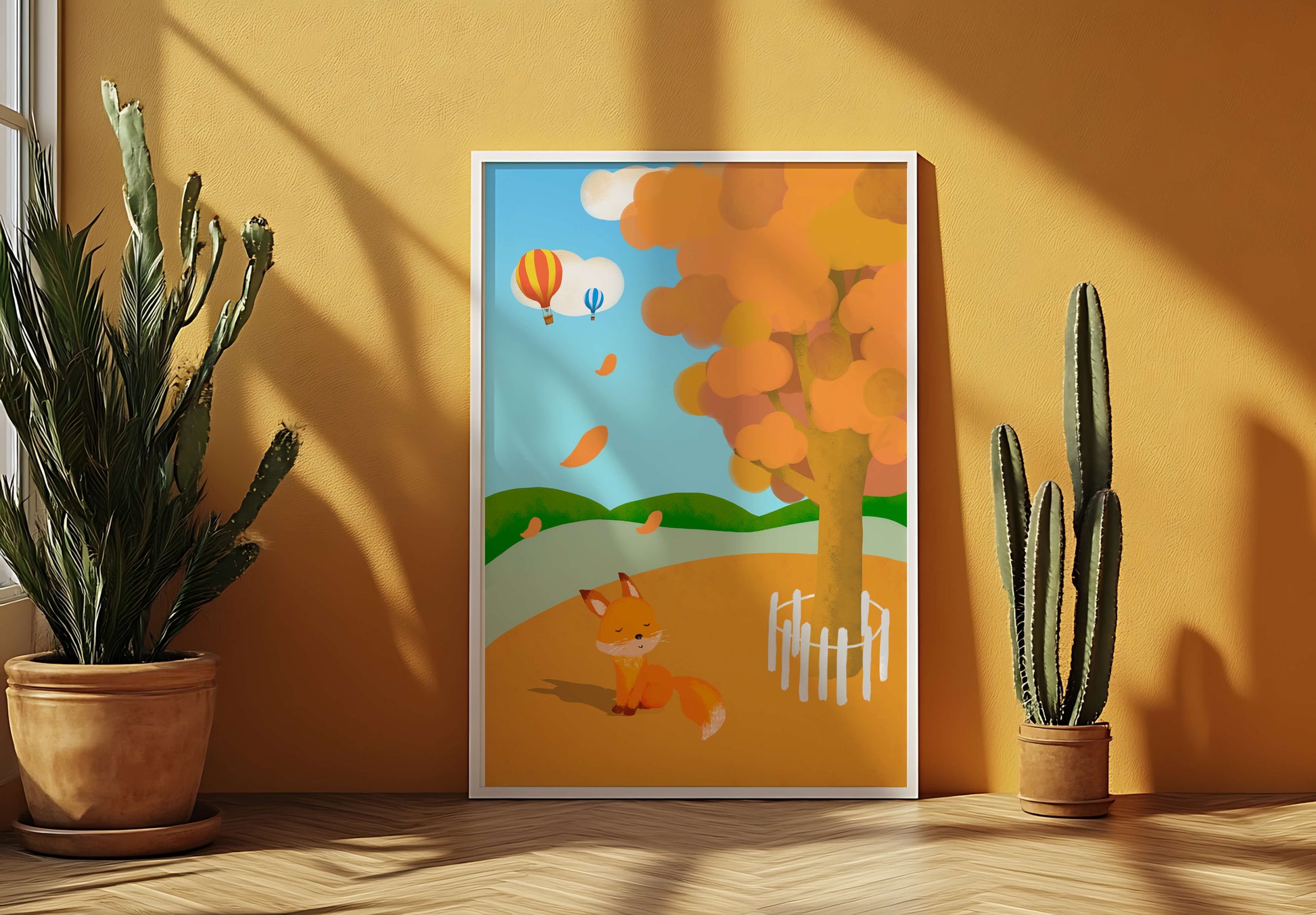 Herbstszene mit einem süßen Fuchs, Heißluftballons und einem bunten Baum