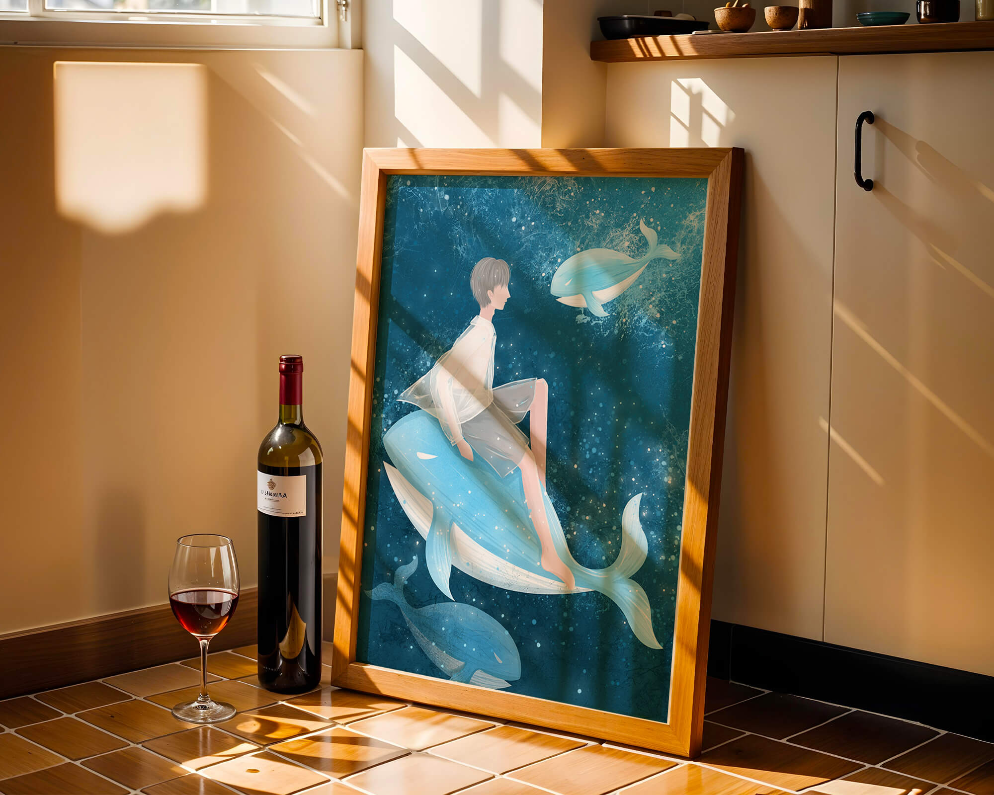 Fantasy illustration of person on blue whale in underwater scene