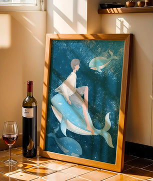 Illustration fantastique d'une personne sur une baleine bleue dans une scène sous-marine