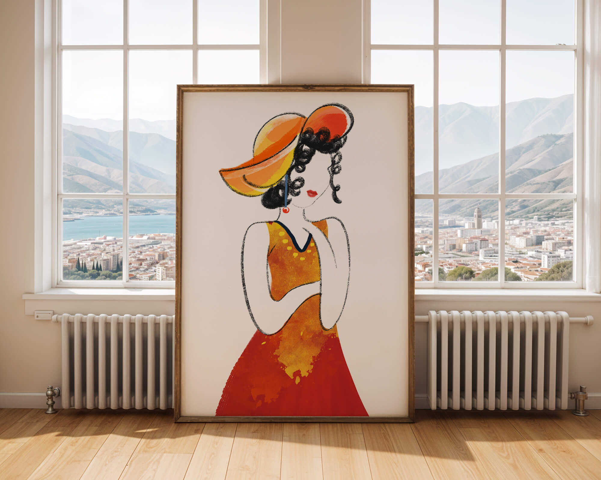 Elegant woman in a vibrant hat and dress illustration
