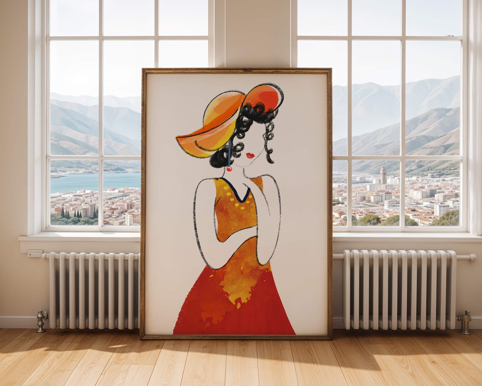 Elegant woman in a vibrant hat and dress illustration