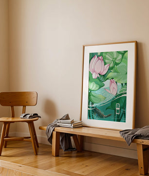 Illustration nature sereine avec fleurs de lotus et vie aquatique