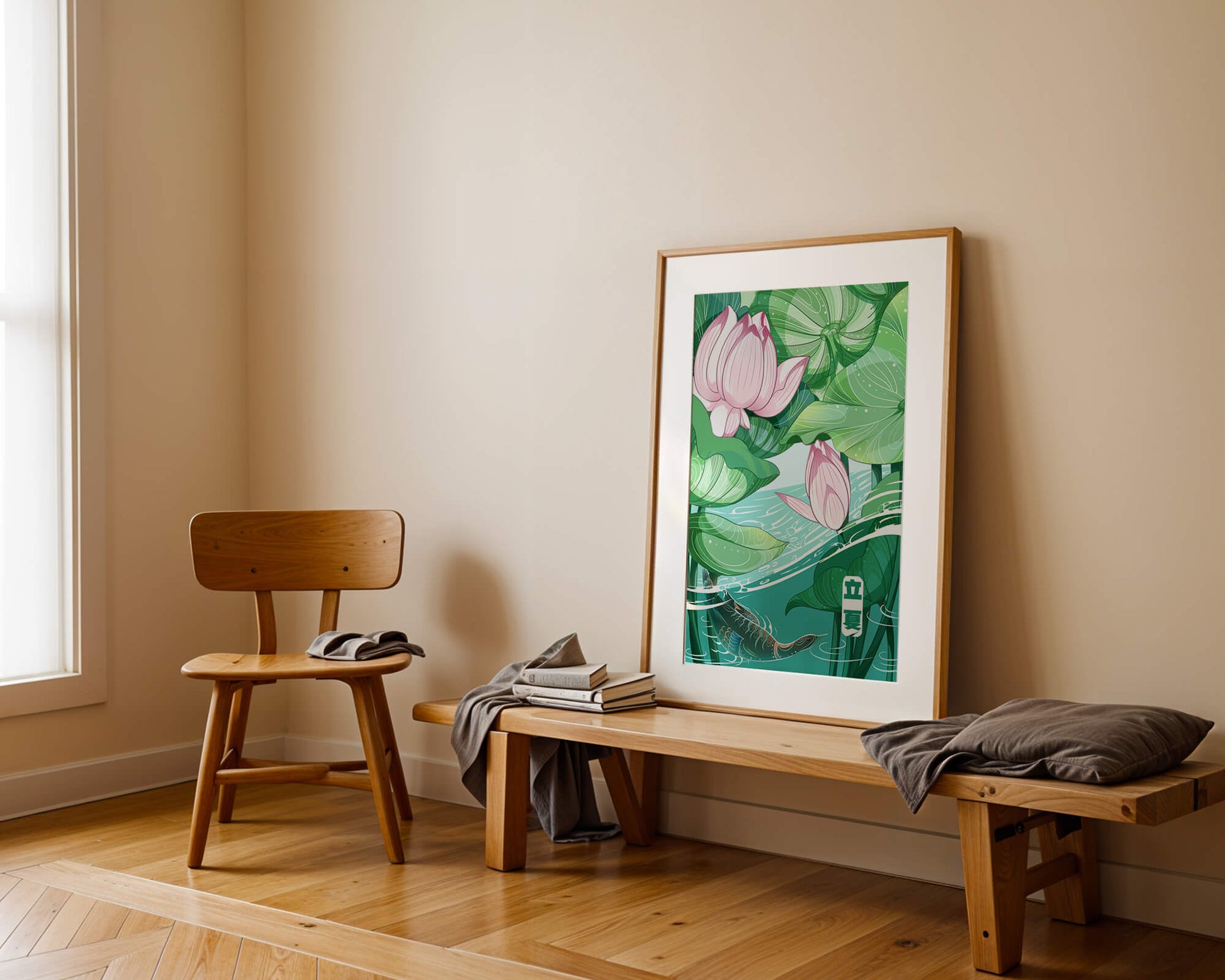 Ilustración de la naturaleza serena con flores de loto y vida acuática