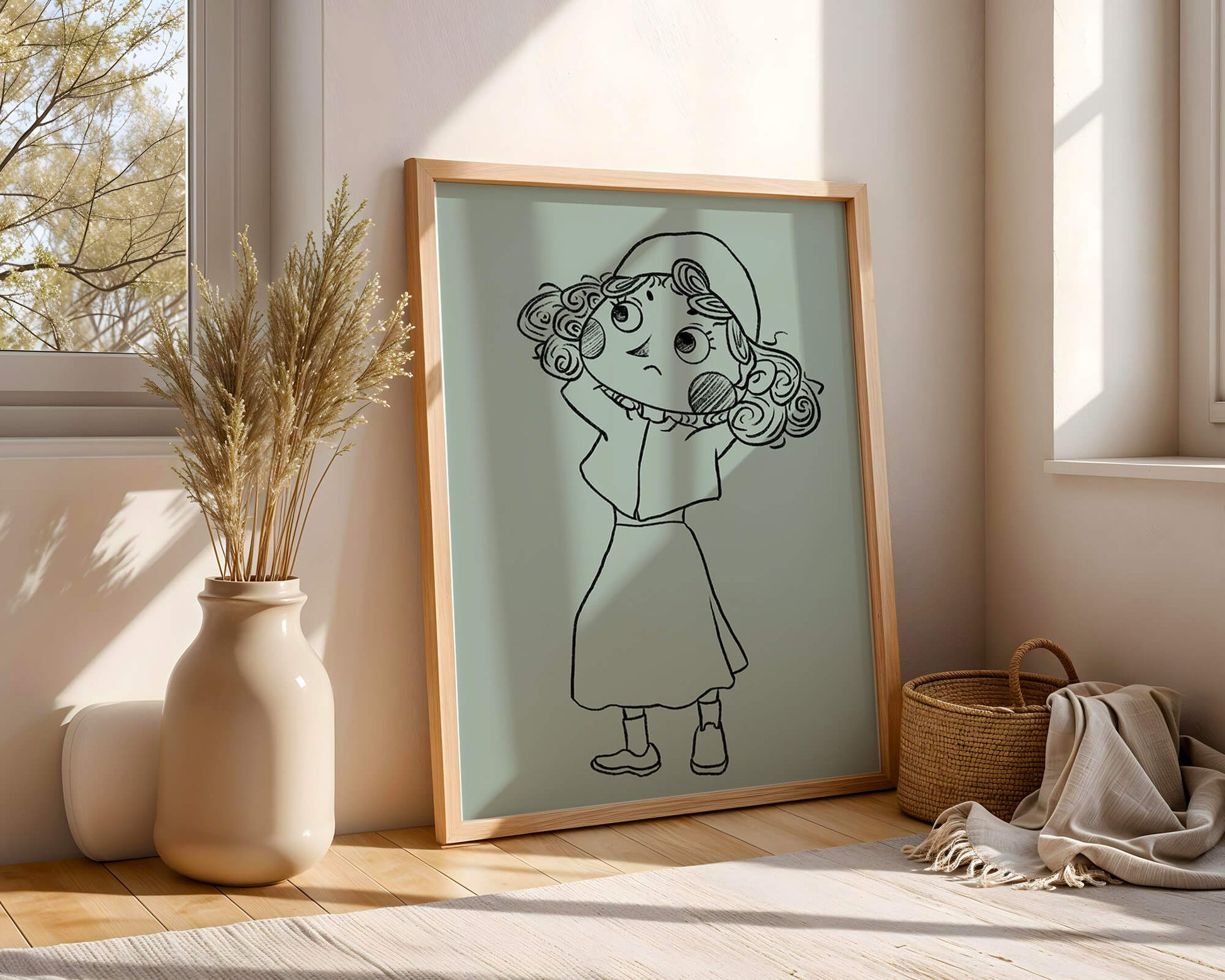 Ilustración a mano de un personaje de dibujos animados pensativo con cabello rizado y gorro