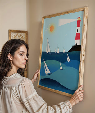 Coastal scene with sailboats and lighthouse on a bright sunny day