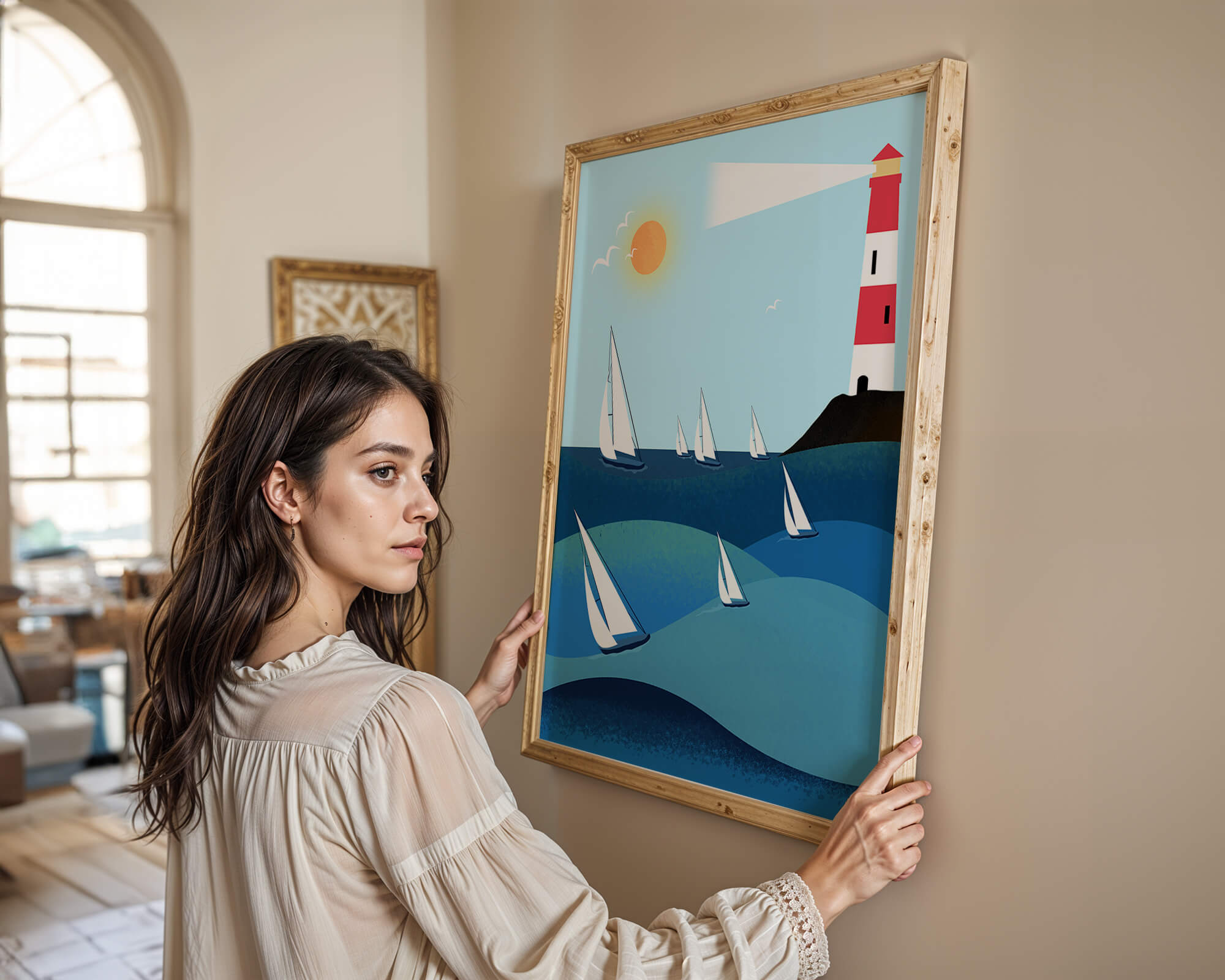 Coastal scene with sailboats and lighthouse on a bright sunny day
