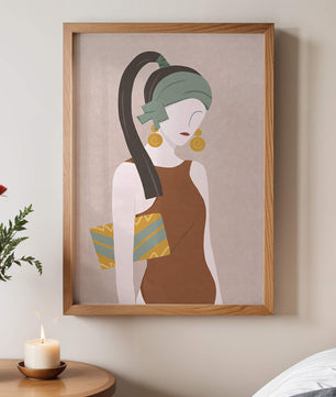 Retrato de mujer estilizado con colores apagados y elementos geométricos