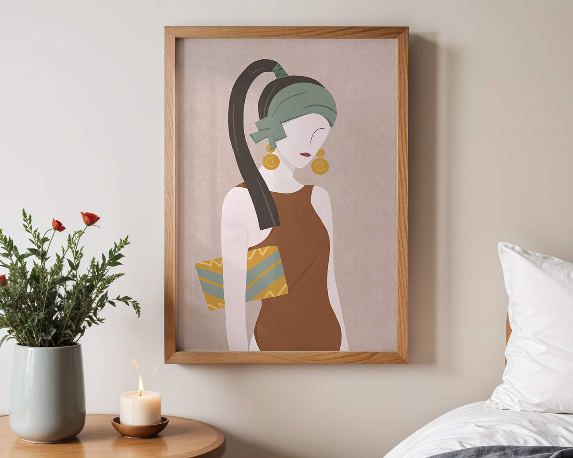 Stylized woman portrait with muted colors and geometric elements