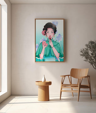 Woman applying lipstick with elegant floral background