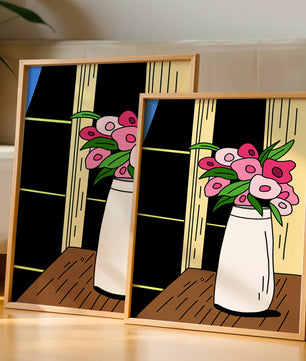 Abstract illustration of flowers in a vase on a wooden table