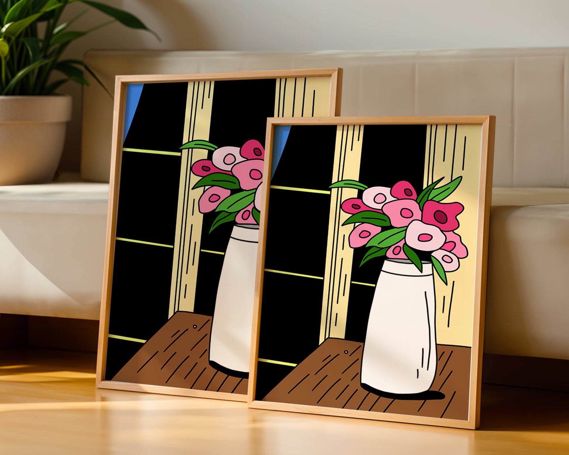 Abstract illustration of flowers in a vase on a wooden table