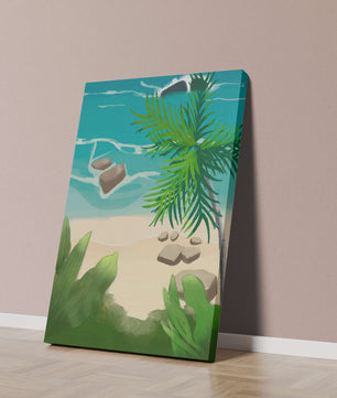 Serene tropical beach scene with lush greenery and calm waves