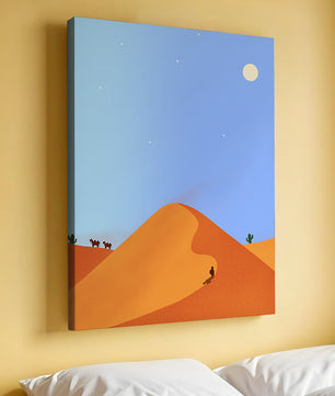 Serene desert landscape with dunes, camels, and a lone traveler under a starry sky