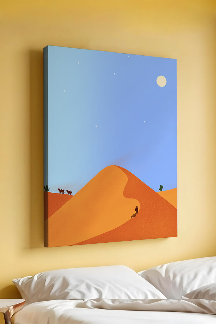 Serene desert landscape with dunes, camels, and a lone traveler under a starry sky