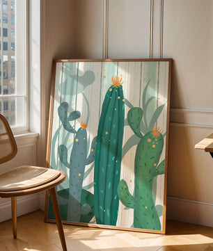 Colorful Cacti with Golden Elements on a Textured Background