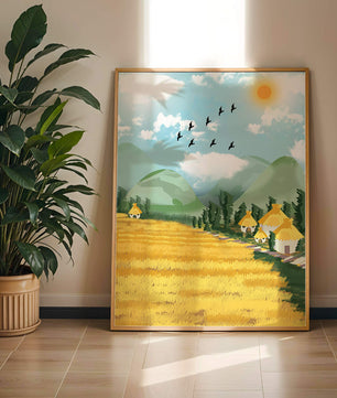 Sunny Countryside With Birds And Golden Fields