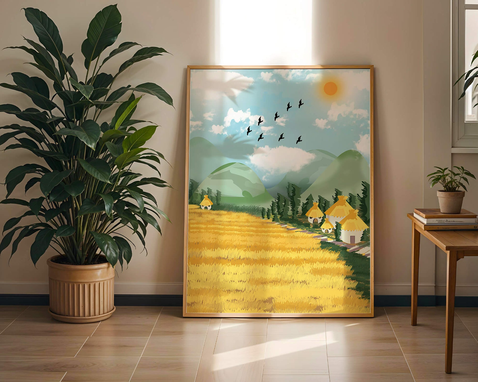 Sunny Countryside With Birds And Golden Fields
