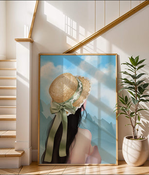 Woman with straw hat and mountain view under blue sky