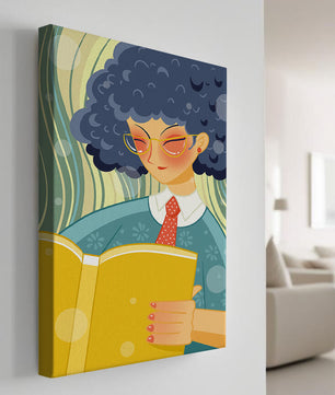 Illustration d'une personne lisant un grand livre jaune dans un style stylisé