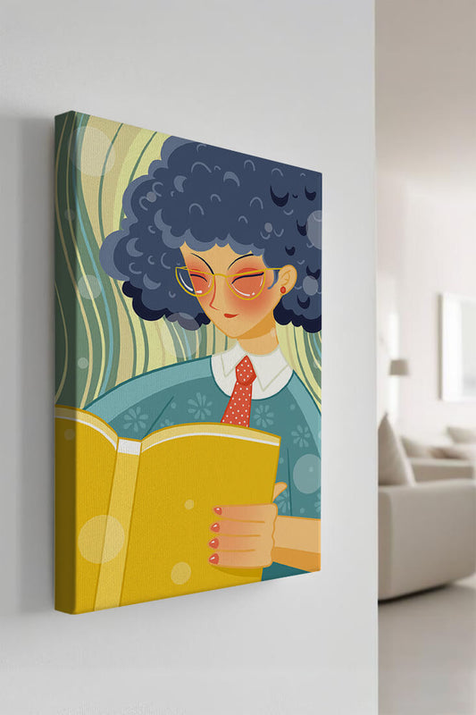 Illustration of a person reading a large yellow book in a stylized design