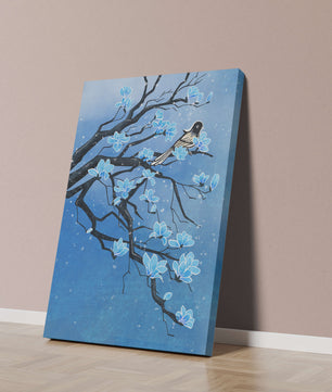 Blue Blossoms on Branch with Bird in Winter Scene