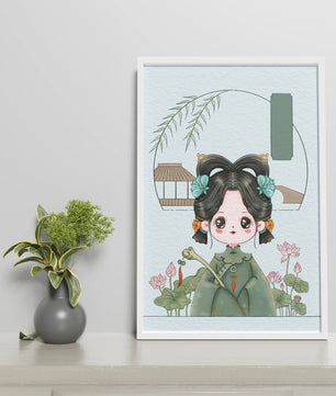 Charming illustration of a cute character in traditional Asian attire with floral elements