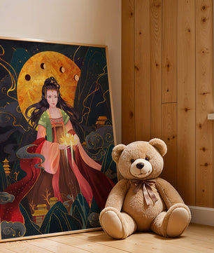Représentation élégante d'une figure mythique avec un fond céleste doré